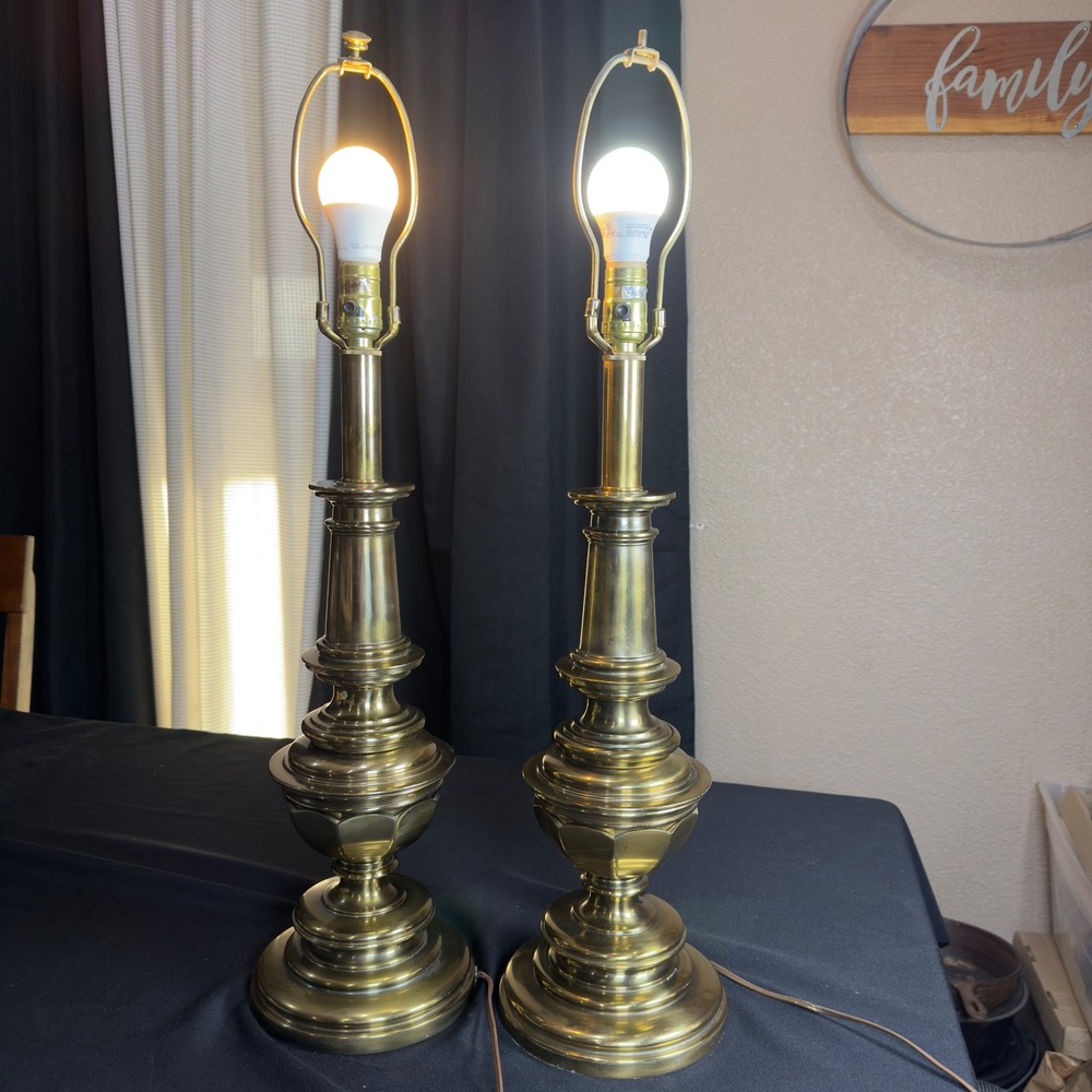 Vintage Stiffel Brass Table Lamps Pair Hollywood Regency Traditional 30.5 Inch